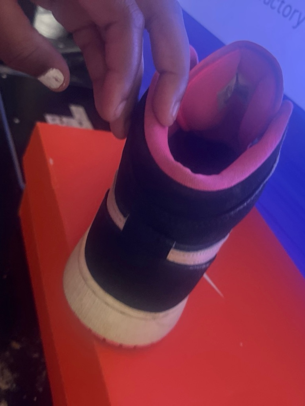 Jordan Women's Black and Pink High-Top Sneakers with White Swoosh - Picture 3 of 5